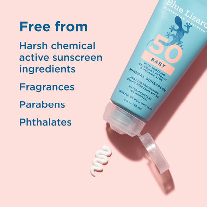 BLUE LIZARD Baby Mineral Sunscreen with Zinc Oxide, SPF 50+, Water Resistant, UVA/UVB Protection with Smart Cap Technology - Fragrance Free, 3 Ounce Tube BLUE LIZARD