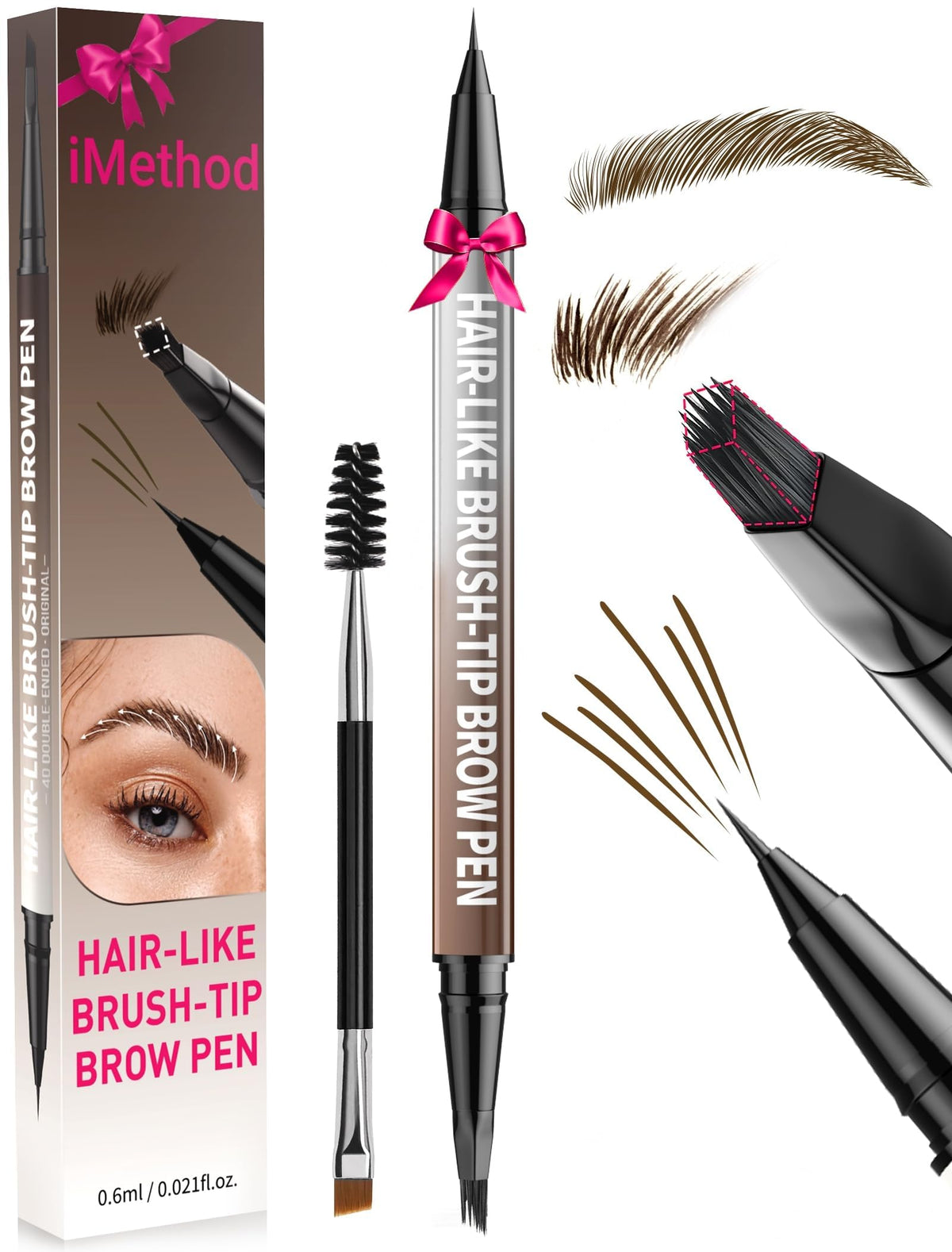 iMethod Eyebrow Pen - Eyebrow Pencil,2-in-1 Eyeliner Dual-Ended Brush-Tip Microblading 4d Eyebrow Pencils for women,Long Lasting Waterproof Hair-Like Brow Pencil,with Eyebrow Brush,DarkBrown iMethod