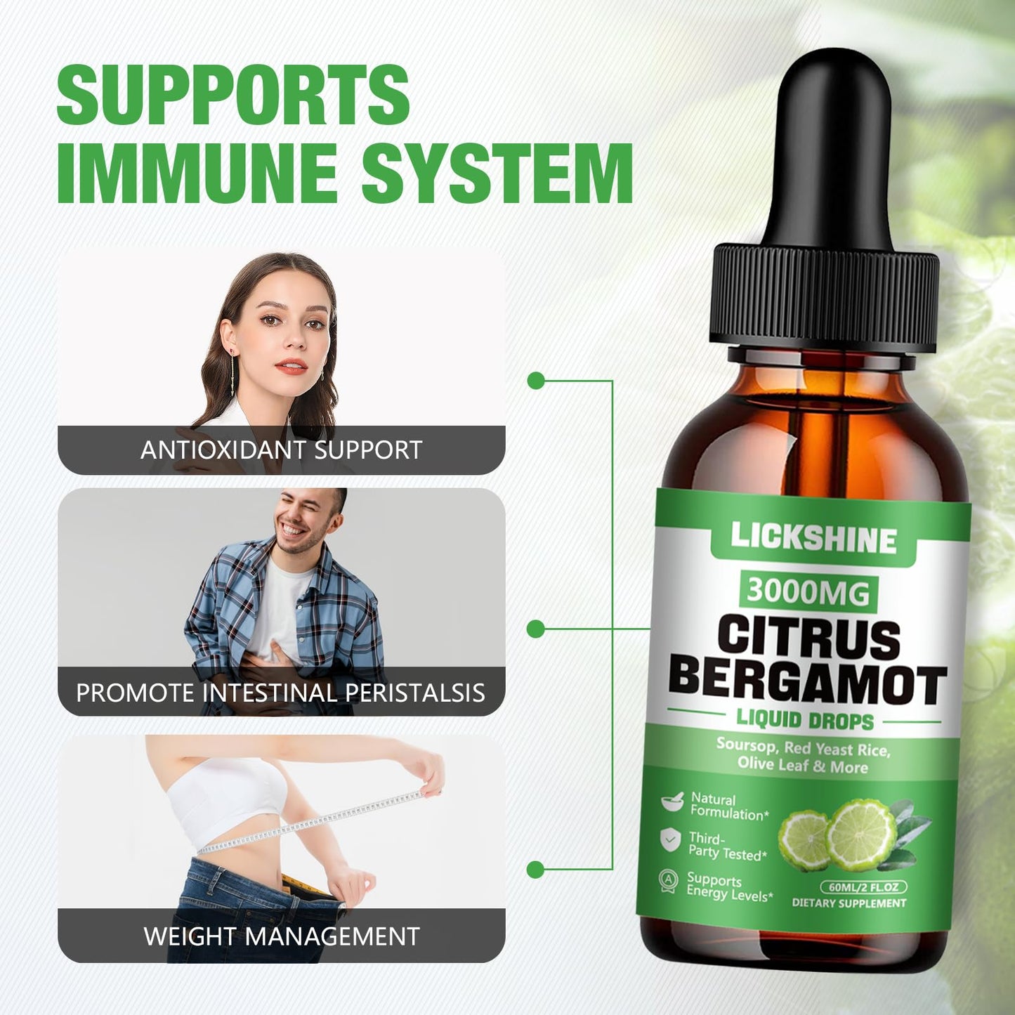 lickshine 2 Pack 3000mg Citrus Bergamot Liquid Drops - High Absorption - Cholesterol Lowering Supplement for Immune Support Anti-Aging, lickshine