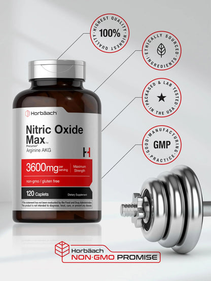 Horbäach Nitric Oxide Max 3600mg | 120 Caplets | with Arginine AAKG for Men and Women | Vegetarian, Non-GMO Horbäach