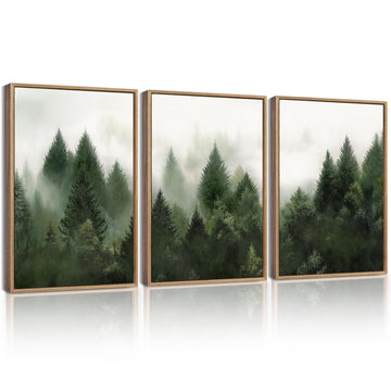 KUVIOKE Morden Green Fog Pine Tree Framed Canvas Wall Art Nature Nordic Forests Artwork Painting Bedroom Decor 12x16in (Natural Framed) KUVIOKE buy australia supplements