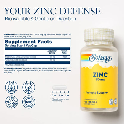 Solaray Zinc 50mg Immune Support Capsules, 100 Count, Vegan, Pumpkin Seed SOLARAY