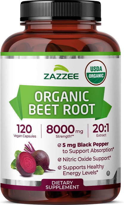 Zazzee USDA Organic Beet Root 20:1 Extract, 120 Quick Release Capsules | 4 Month Supply, Vegan, Nitric Oxide Support, Black Pepper Extract for Enhanced Absorption, Certified Kosher, Made in the USA Gsupps Australia