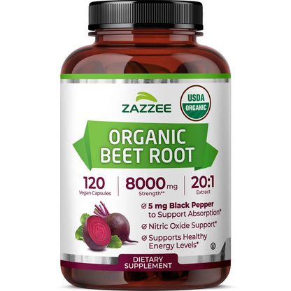 Zazzee USDA Organic Beet Root 20:1 Extract, 120 Vegan Quick Release Capsules, 4 Month Supply, Nitric Oxide Support, Black Pepper Extract for Enhanced Absorption Zazzee