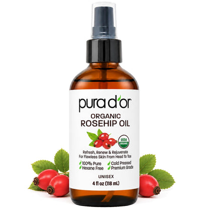 PURA D'OR ORGANIC Rosehip Seed Oil Pure Cold-Pressed for Face, 4oz PURA D'OR