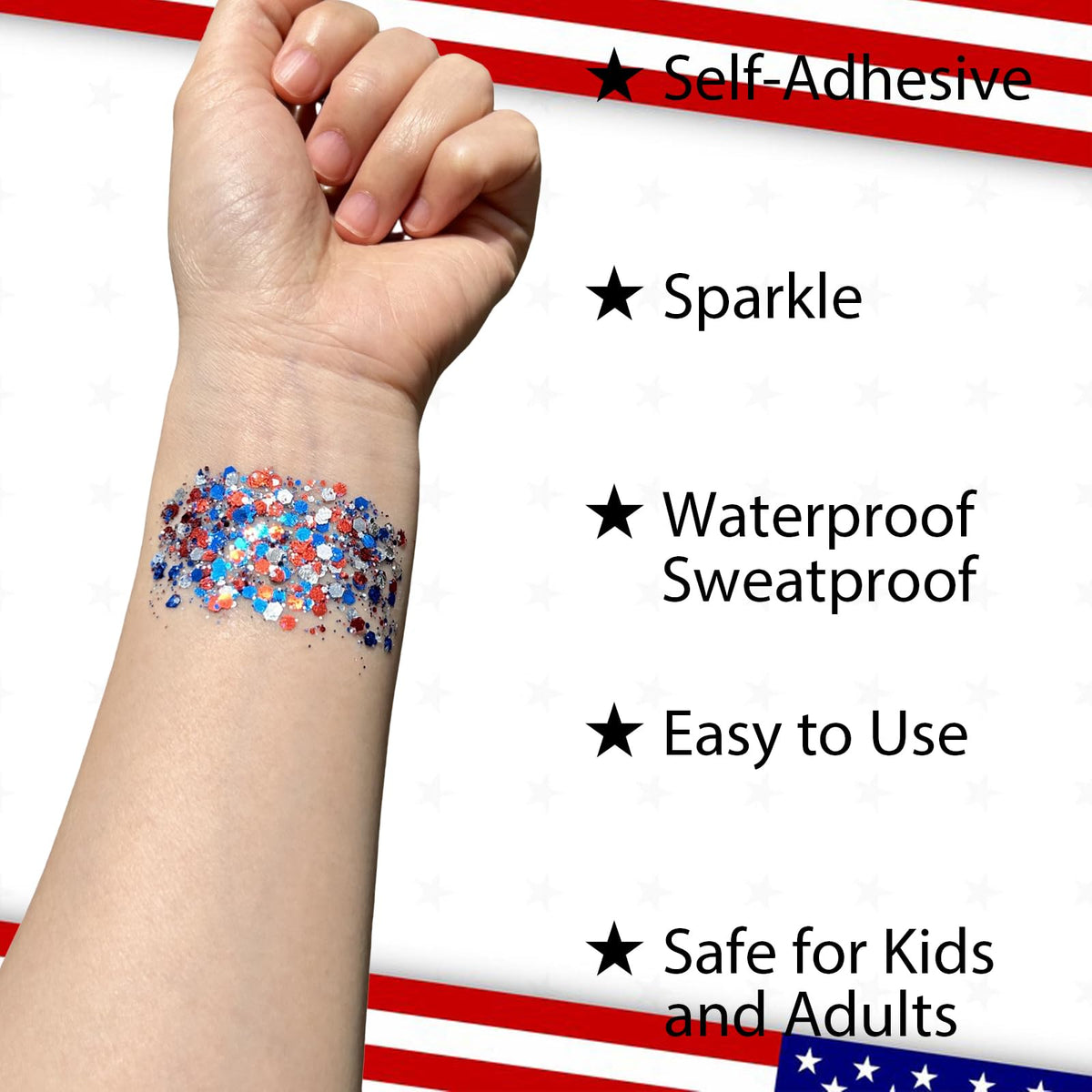 Mysense Patriotic Red White and Blue Face Hair Body Glitter Stick,4th of July Outfits and Accessories for Women Kids,USA Flag Makeup for Independence Day 250 Anniversary Memorial Day Veterans Day Mysense