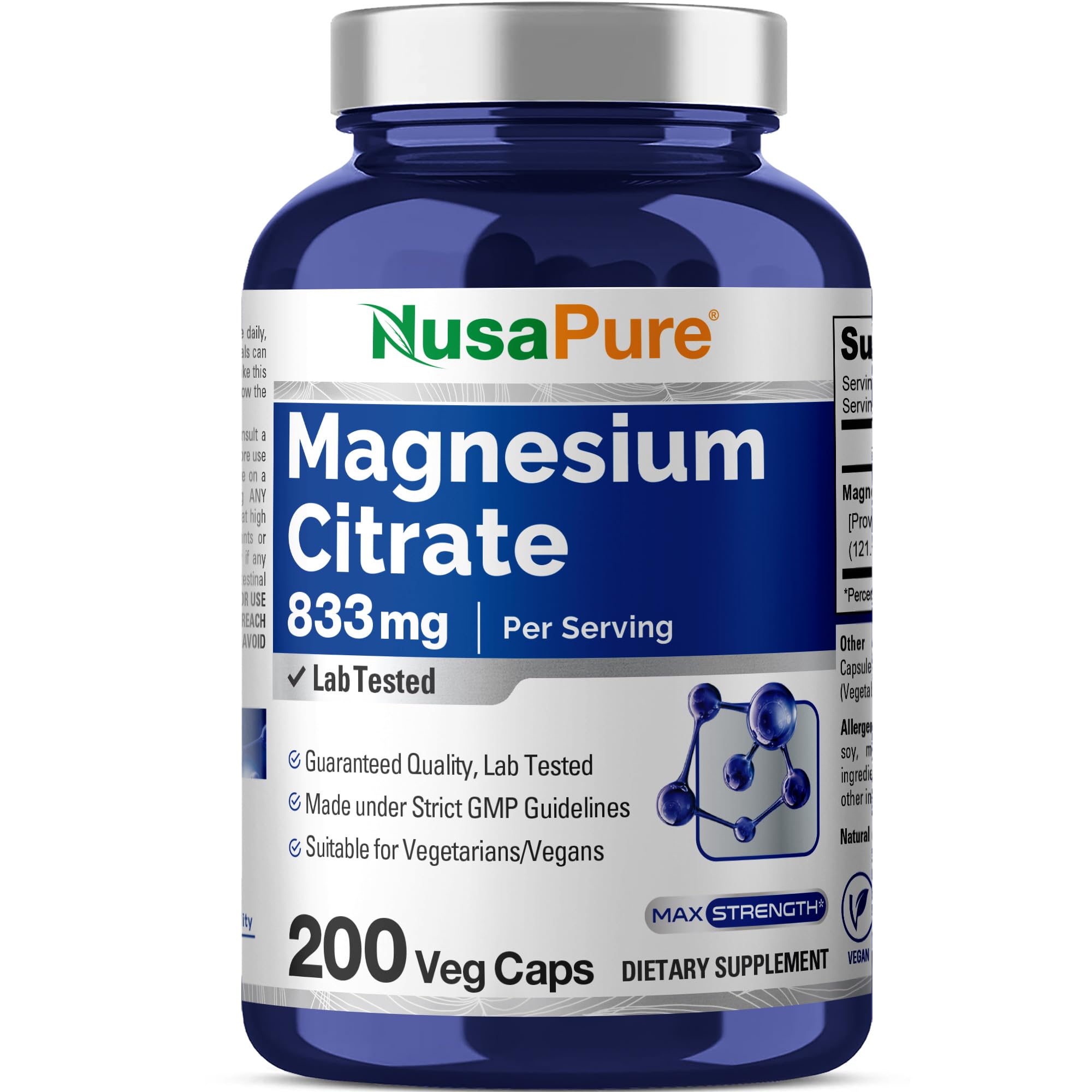 NusaPure Magnesium Citrate 833mg - 200 Veggie Capsules (Vegetarian, Non-GMO, Vegan) NusaPure buy australia supplements