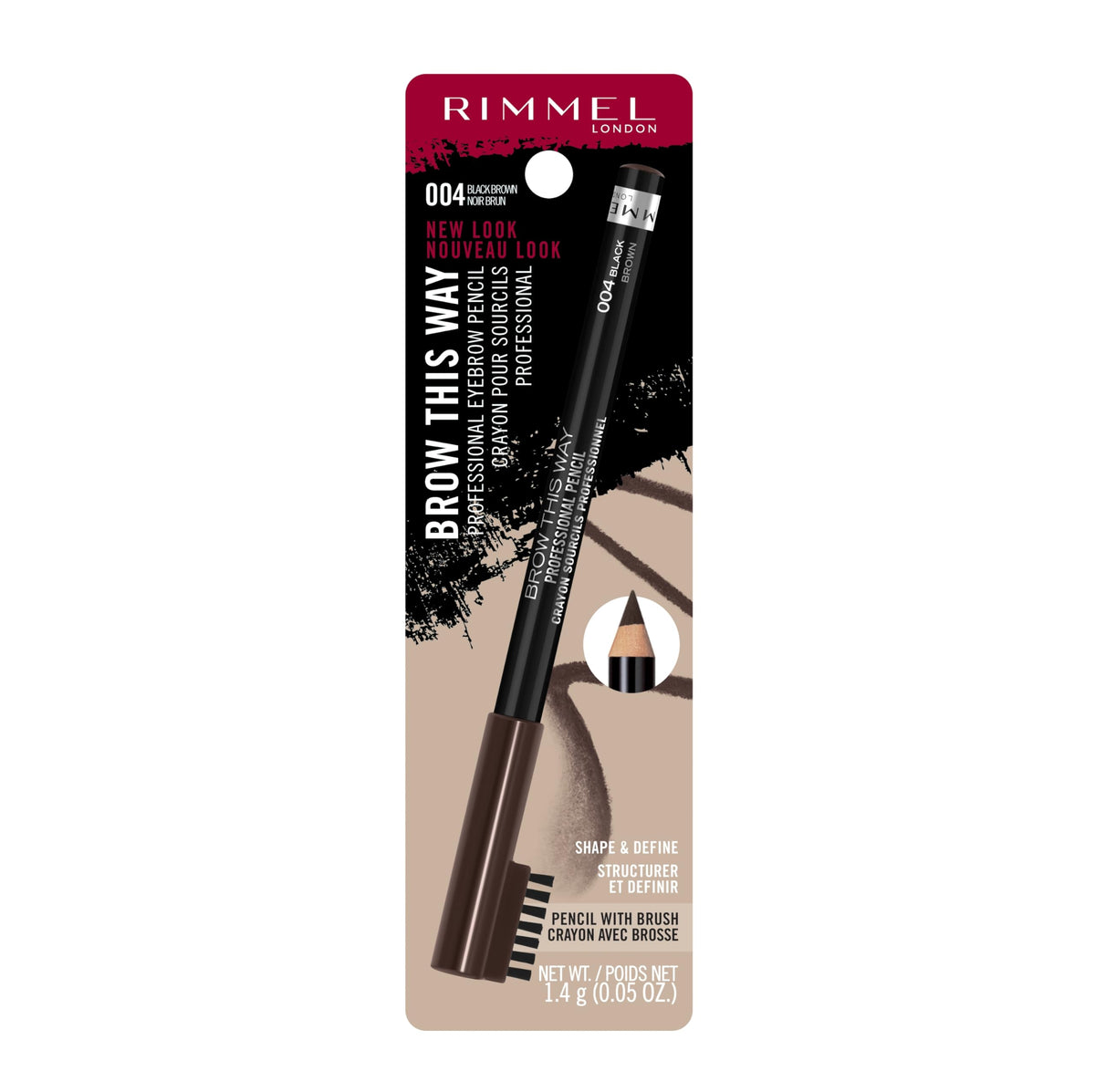 Rimmel London Brow This Way Professional Eyebrow Pencil, Long-Wearing, Highly-Pigmented, Built-In Brush, 004, Black Brown, 0.05oz Rimmel