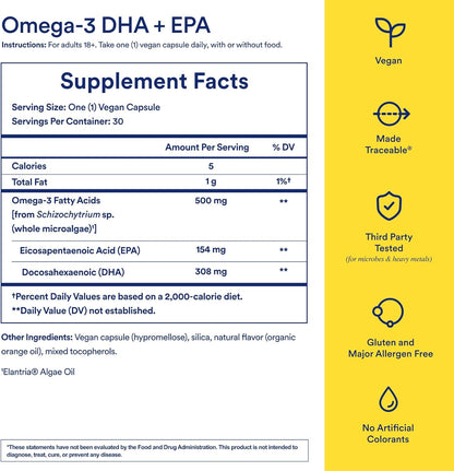 Ritual Vegan Omega 3 Supplement - Science-Backed Dose of DHA and EPA - Bioavailable Omega-3 from Algae Oil - Brain, Heart, and Eye Health Support** - Citrus - 30 Capsules - 30 Servings