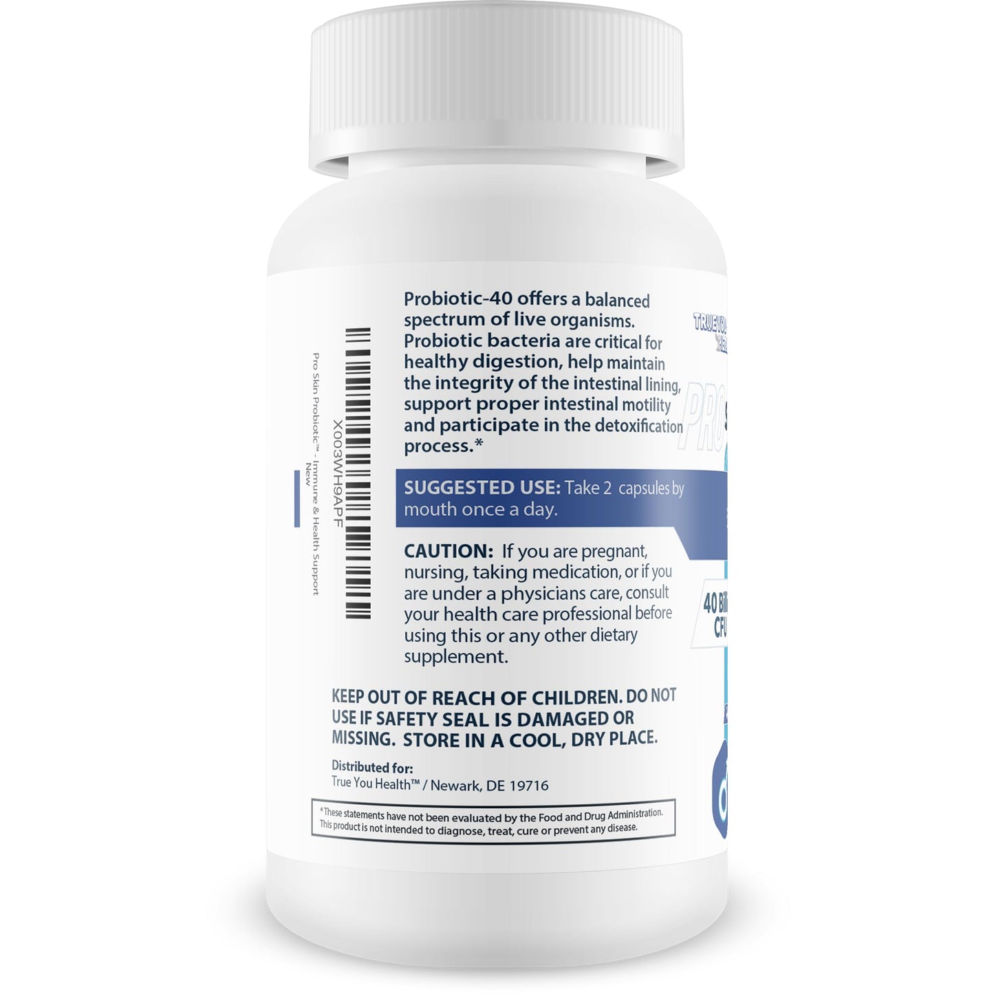 Pro Skin Probiotic - Skin Health Supporting Probiotic with Immune Support - Promote Healthy Skin Microbiome from Inside Out - Health Starts in the Gut - Support Reduced Breakouts, Redness, & Puffiness True You Health