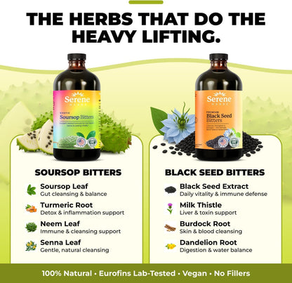 Serene Herbs Soursop Bitters Liquid & Black Seed Bundle – Organic Herbal Guanabana for Digestive Support & Immune Health – Vegan, Non-GMO – 32 oz (16 oz Each), (2 Pack)