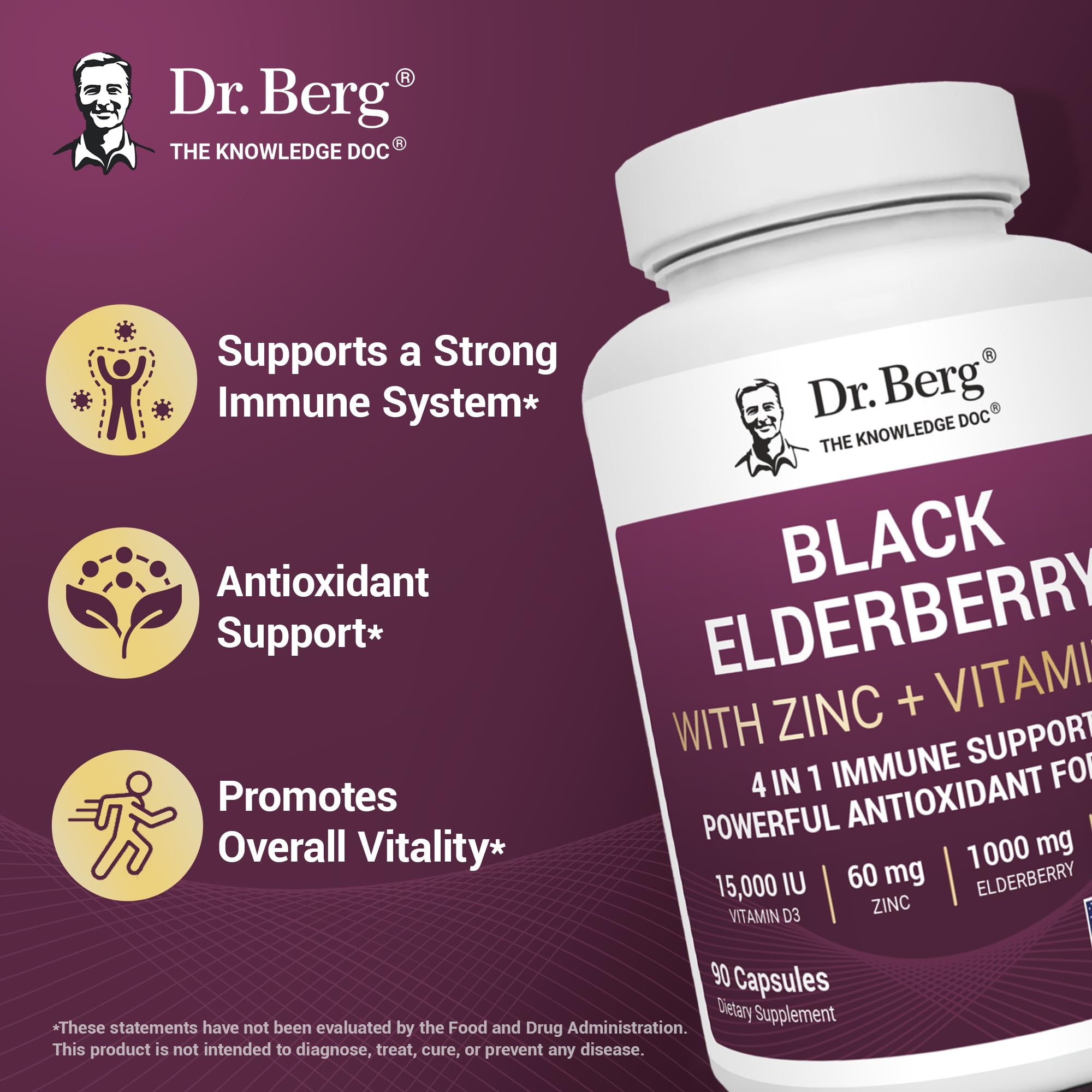 Dr. Berg Black Elderberry Capsules (Advanced Immune Support*) with 15,000 IU Vitamin D, 60 mg of Zinc, & 90 mg of Camu Camu - (4-in-1) Sambucus Elderberry Immune Support Supplement - 90 Capsules Dr. Berg Nutritionals buy australia supplements