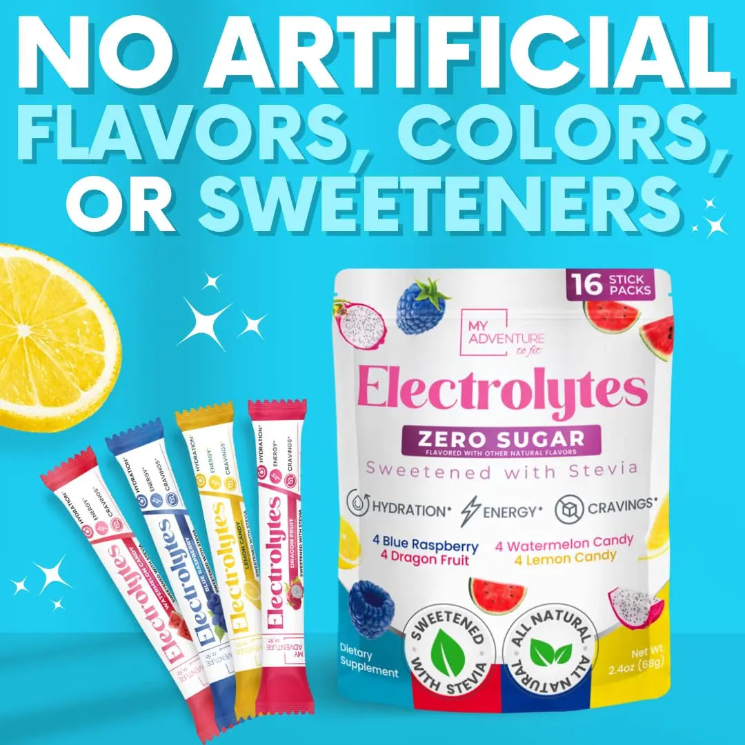 My Adventure to Fit Electrolytes Powder Packets – 16 Sugar-Free Hydration Packets, Potassium Supplement, Watermelon Candy, Blue Raspberry, Lemon Candy, Dragon Fruit My Adventure to Fit