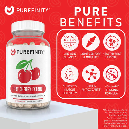 PUREFINITY Tart Cherry Capsules – Uric Acid Flush & Cleanse to Support Joint & Muscle Comfort with Raw Tart Cherry Extract, Non-GMO, Gluten Free, Vegan – 180 Count (6 Month Supply)