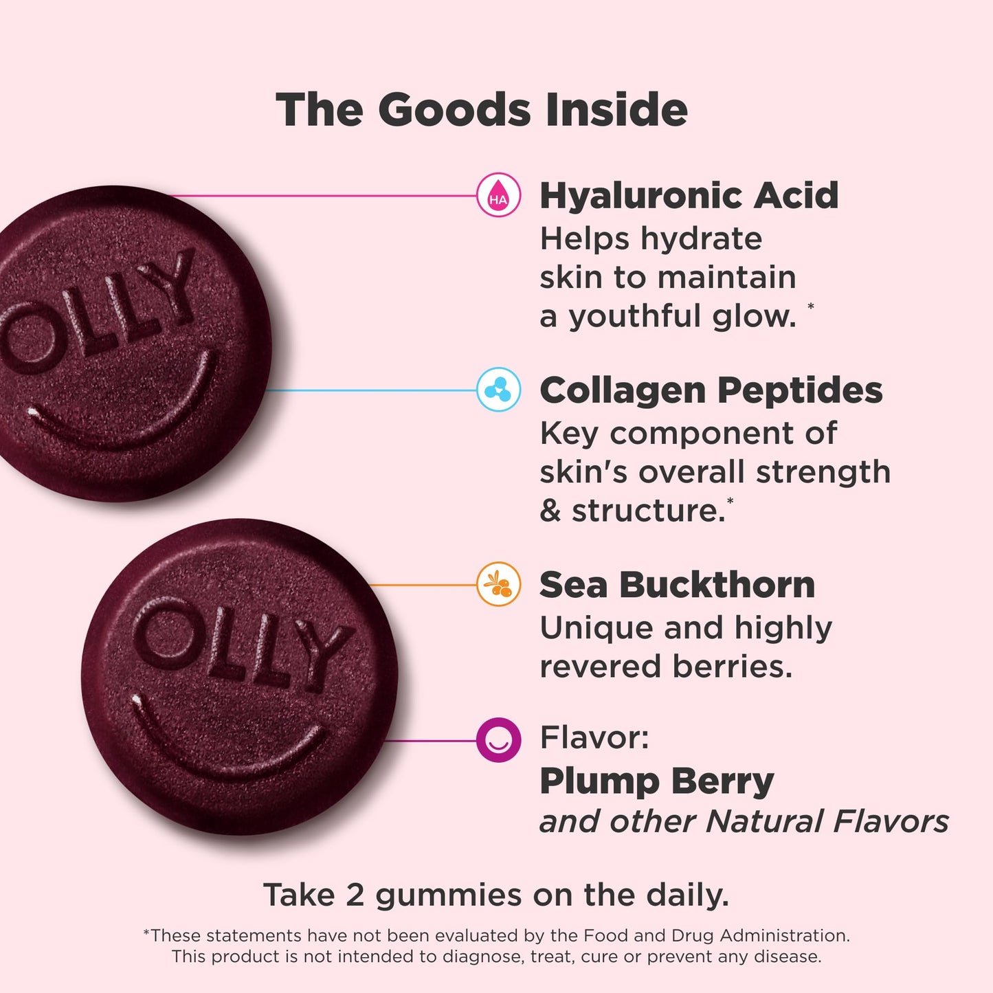 OLLY Glowing Skin Gummy, Hydrated & Youthful Skin,* Hyaluronic Acid, Collagen Peptides, Sea Buckthorn, Plump Berry Flavor OLLY