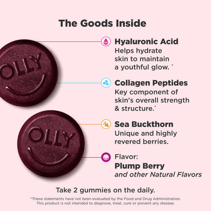 OLLY Glowing Skin Gummy, Hydrated & Youthful Skin,* Hyaluronic Acid, Collagen Peptides, Sea Buckthorn, Plump Berry Flavor OLLY