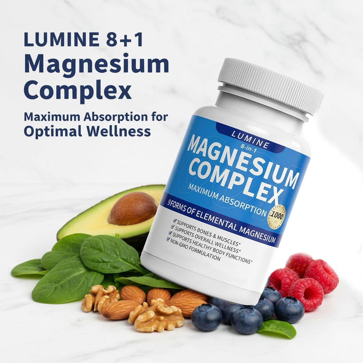 Lumine Magnesium Complex Supplement - Advanced 8-in-1 Elemental 1000mg- Glycinate, Citrate, Malate, Taurate LUMINE