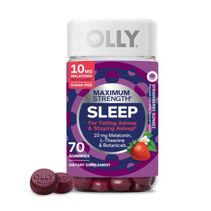 OLLY Max Strength Sleep Gummy, 10mg Melatonin, L-Theanine, Chamomile, Lemon Balm, Sugar Free, Vegetarian Sleep Aid, Strawberry - 70 Count OLLY