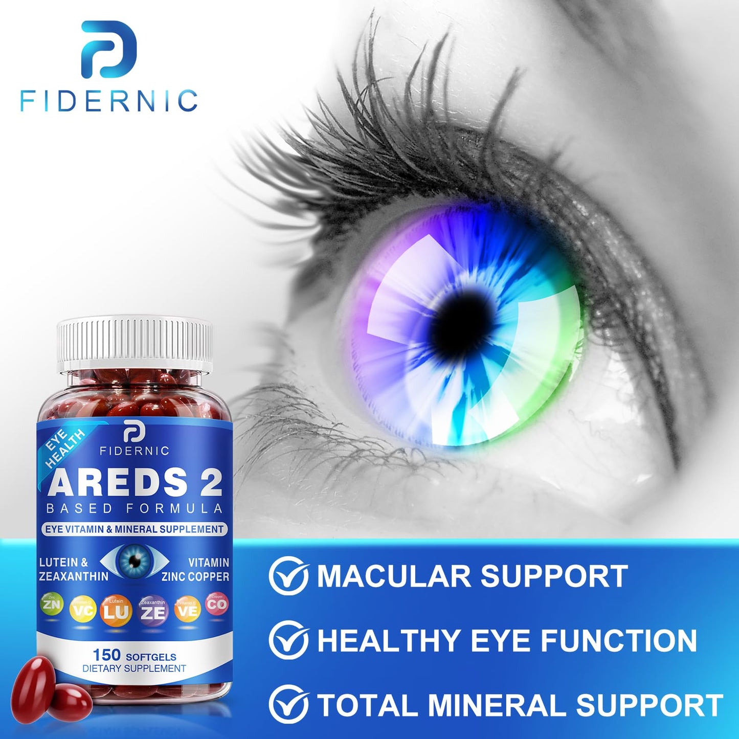 AREDS 2 Eye Vitamin & Mineral Supplement — Lutein and Zeaxanthin Supplement, Vitamin C & E, Zinc & Copper for Blue Light Protection, Eye Health Support FIDERNIC