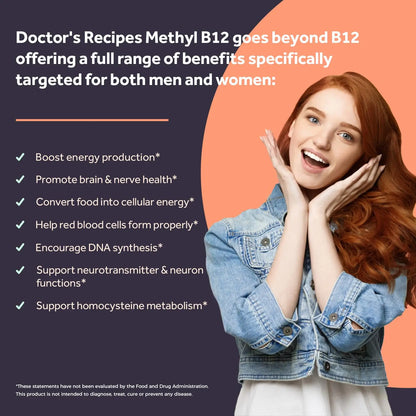Doctor's Recipes Vitamin B12, Methylcobalamin 5000 mcg 90 Fast Dissolve Tablets, Natural Peach Flavor, Vegan Methyl, Energy Metabolism & Nervous System Doctor's Recipes