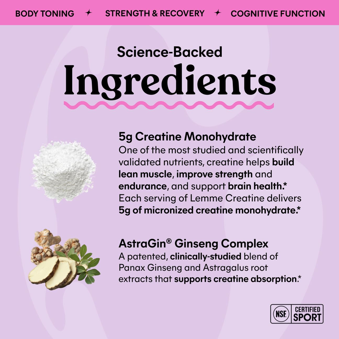 Lemme Creatine Monohydrate Gummies for Women and Men, 5g Dose to Support Lean Muscle, Strength, Recovery, Cognitive Health, w/Ginseng for Absorption, Sour Strawberry, NSF Certified, 60 Gummies