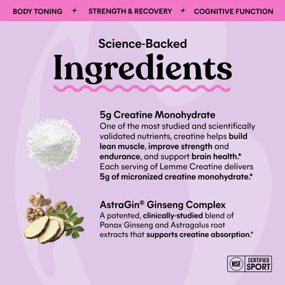 Lemme Creatine Monohydrate Gummies for Women and Men, 5g Dose to Support Lean Muscle, Strength, Recovery, Cognitive Health, w/Ginseng for Absorption, Sour Strawberry, NSF Certified, 60 Gummies