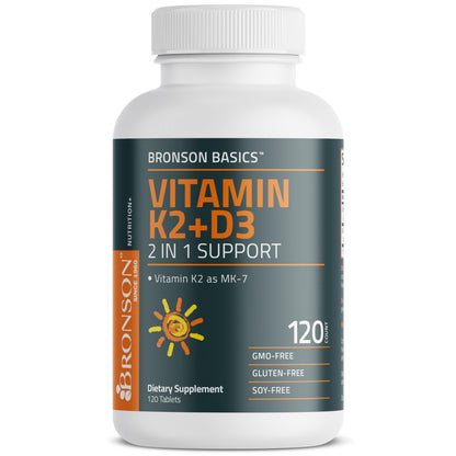 Bronson Vitamin K2 D3 (MK7) Supplement Non-GMO Formula Vitamin D3 5000IU (125 mcg) & 90 mcg K2 MK-7, Easy to Swallow D Bronson