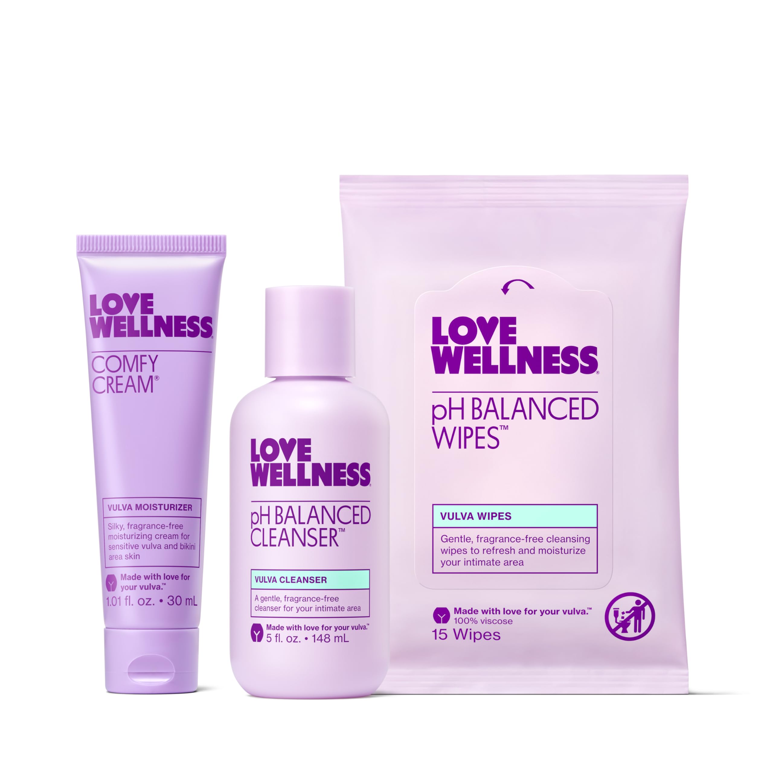 Love Wellness Skincare for Down There Bundle | Gentle pH Balancing Cleanser, Moisturizing Comfy Cream & Refreshing Wipes | Feminine Care for pH Balance, Dry & Sensitive Vulva | Fragrance-Free Love Wellness buy australia supplements