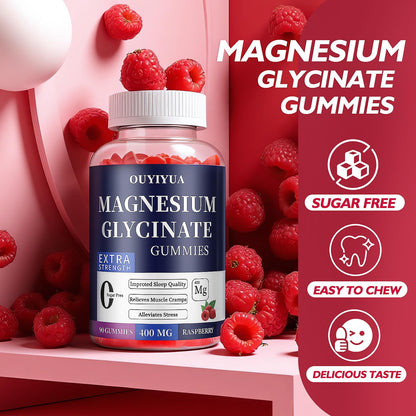 Magnesium Glycinate 400mg Gummies, Sugar Free Magnesium Gummies with Vitamins D, B6 for Sleep Support, OUYIYUA