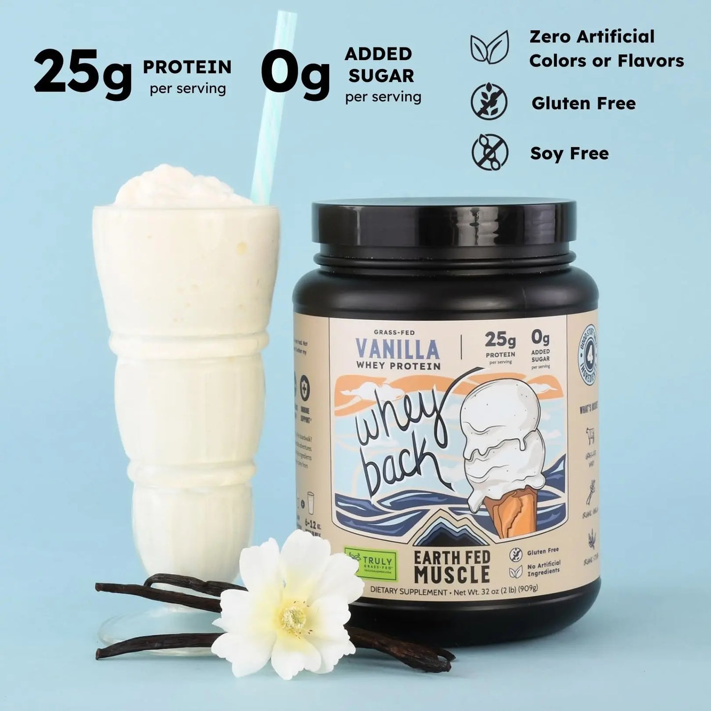Earth Fed Muscle Whey Back Irish Grass Fed Whey Protein Isolate, Third-Party Certified. 25g Protein, Vanilla - Non-GMO, Hormone Free, Soy Free, Gluten Free - 2 LB, 29 Servings Earth Fed Muscle