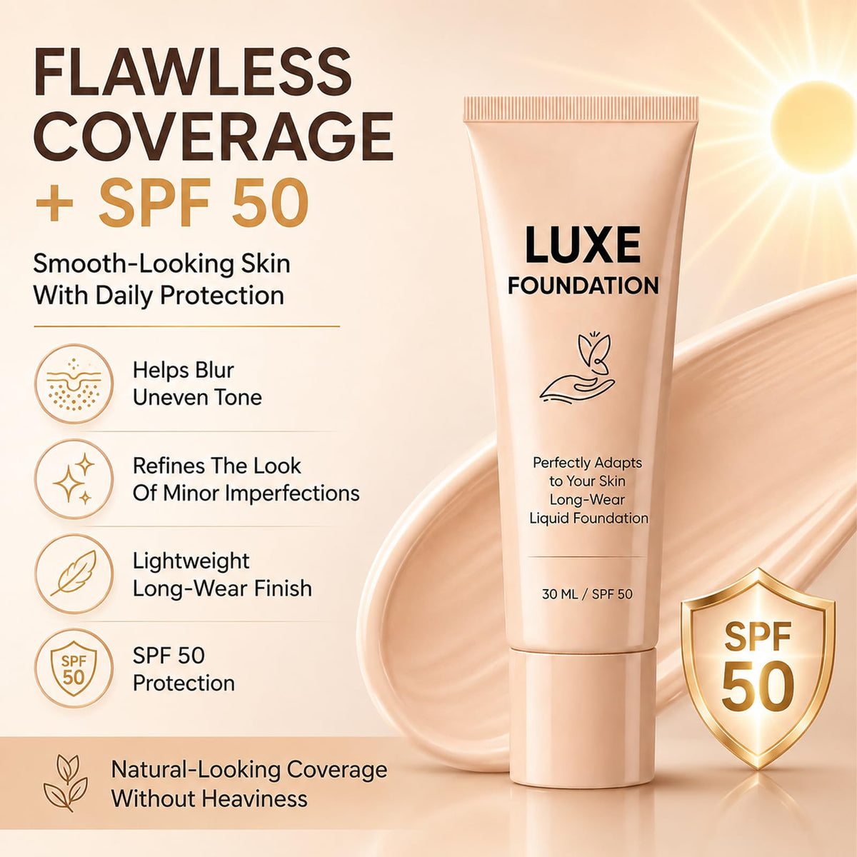 Luxe Foundation for Women, Color Changing Foundation, Hyaluronic Acid & Vitamin E, Creates Flawless Skin, Deep Hydration & Refines Pores for Natural Glow 30 ML LUXE FOUNDATION