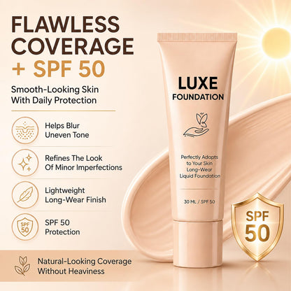 Luxe Foundation for Women, Color Changing Foundation, Hyaluronic Acid & Vitamin E, Creates Flawless Skin, Deep Hydration & Refines Pores for Natural Glow 30 ML LUXE FOUNDATION