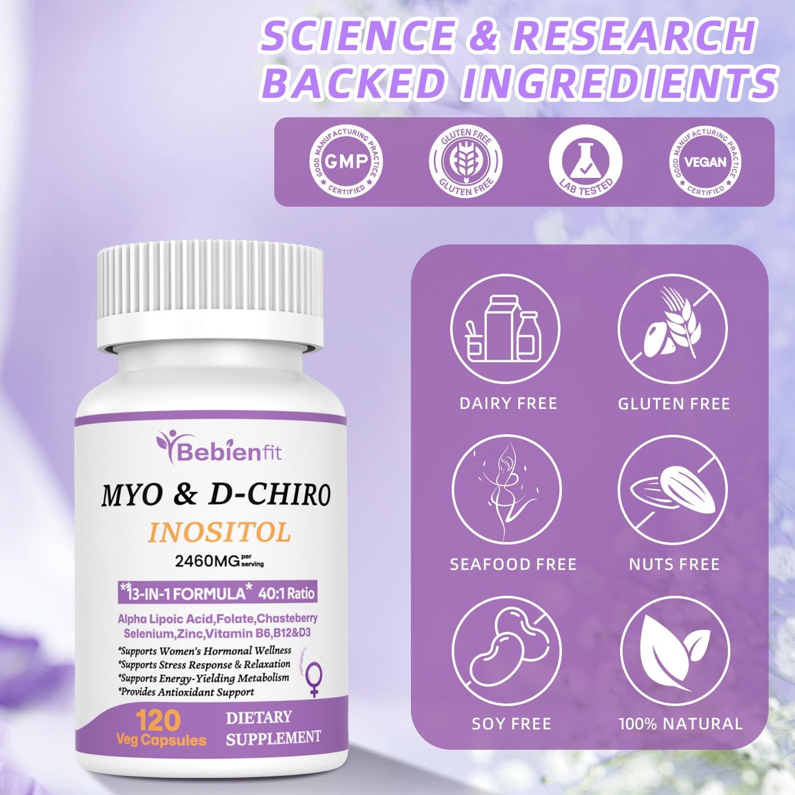 13-in-1 Myo Inositol & D-Chiro Inositol for Women PCOS,Hormonal Balance,2460mg-40:1 Ratio,Ovarian Health&Cycle Support Supplement Plus Alpha Lipoic Acid/Folate/Vitex/Magnesium/Multivitamin,120 Veg Cap Bebien fit buy australia supplements