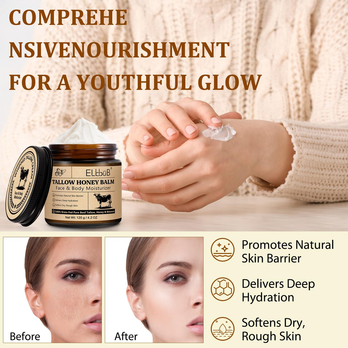 ELBBUB Whipped Tallow Cream for Face & Body - 100% Grass-Fed Beef Tallow, Natural Honey & Beeswax Moisturizer, Deep Hydration & Nourishment, Oil-Free & Unscented, Fast Absorbing ELBBUB