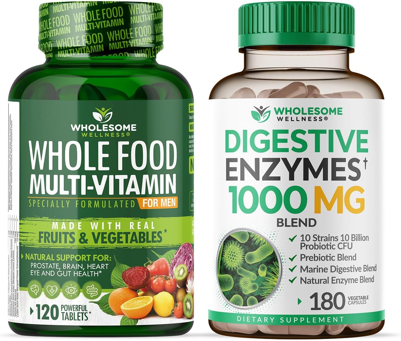 Wholesome Wellness Whole Food Multivitamin for Men - Natural Multi Vitamins, Minerals, Organic Extracts Digestive Enzymes 1000MG Plus Prebiotics & Probiotics Bundle Gsupps Australia