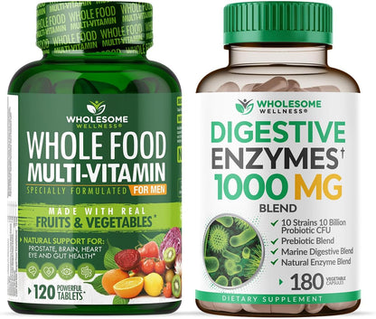 Wholesome Wellness Whole Food Multivitamin for Men - Natural Multi Vitamins, Minerals, Organic Extracts Digestive Enzymes 1000MG Plus Prebiotics & Probiotics Bundle Gsupps Australia