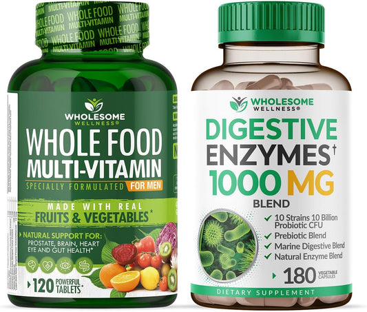 Wholesome Wellness Whole Food Multivitamin for Men - Natural Multi Vitamins, Minerals, Organic Extracts Digestive Enzymes 1000MG Plus Prebiotics & Probiotics Bundle Gsupps Australia