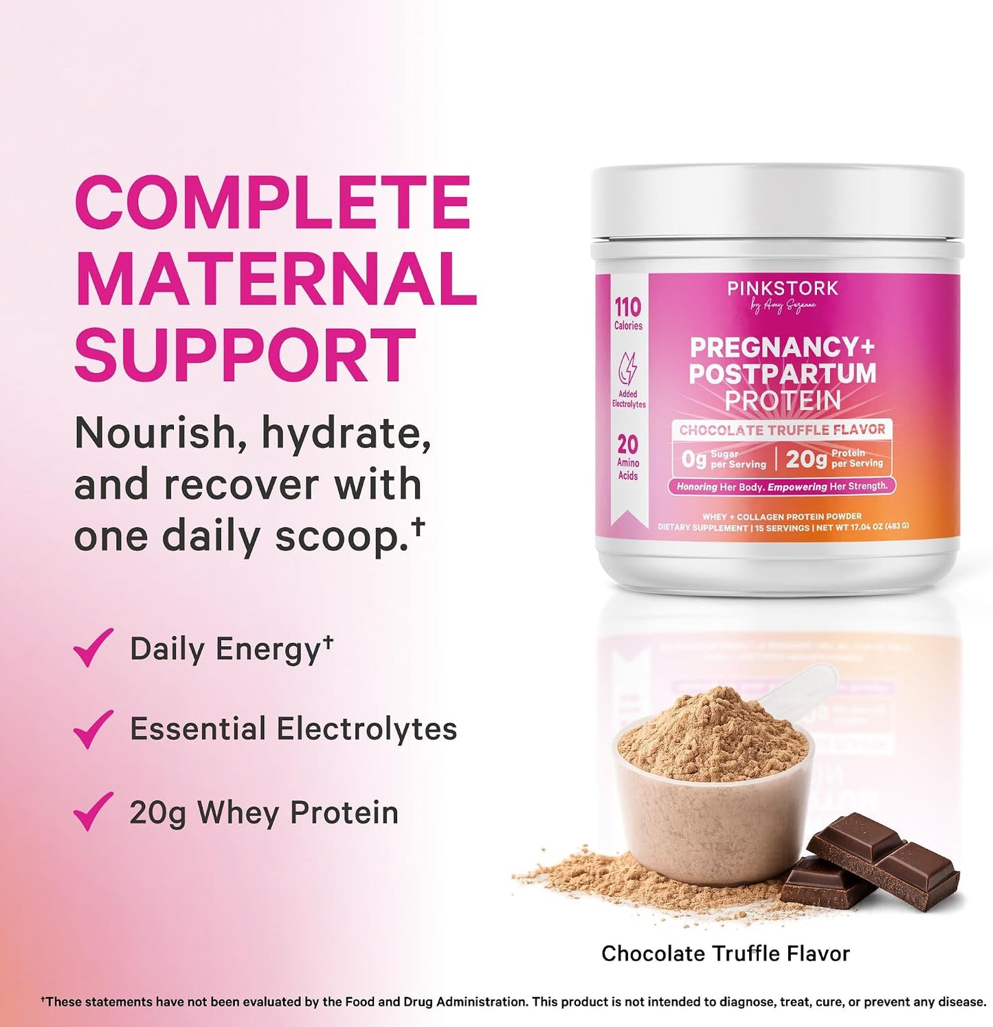 Pink Stork Pregnancy & Postpartum Protein Powder, 20g, Chocolate, 15 Scoops | Protein Powder for Women, 20g Whey & Collagen, Prenatal & Breastfeeding Nutrition, Energy, Recovery & Hydration Support