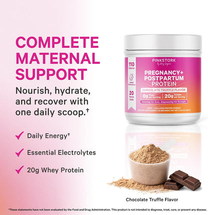 Pink Stork Pregnancy & Postpartum Protein Powder, 20g, Chocolate, 15 Scoops | Protein Powder for Women, 20g Whey & Collagen, Prenatal & Breastfeeding Nutrition, Energy, Recovery & Hydration Support