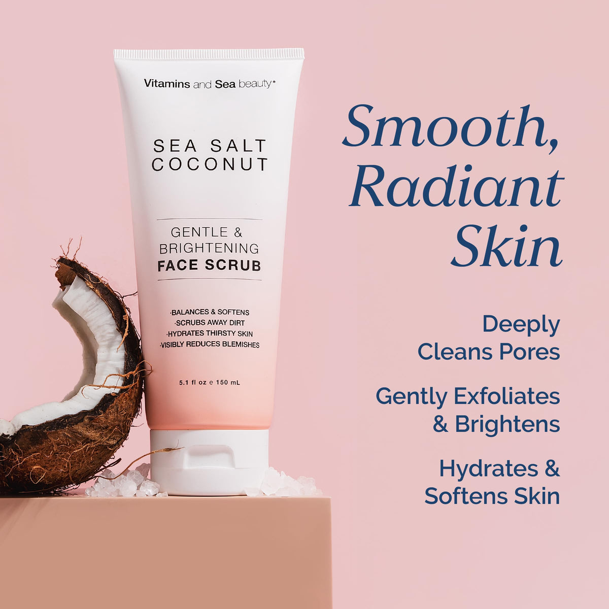 Gentle & Brightening Face Scrub with Sea Salt & Coconut – Exfoliates, Hydrates & Reduces Blemishes – Balancing Facial Cleanser for All Skin Types – 5.1 fl oz VITAMINS AND SEA BEAUTY
