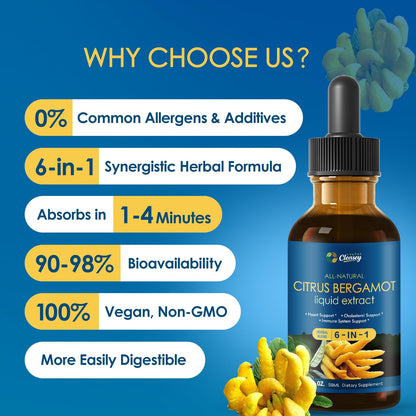 LeaforClensey Citrus Bergamot Liquid Drops for High Cholesterol, Bergamot Extract Blend Supplements with Red Yeast Rice & CoQ10 for Heart LeaforClensey