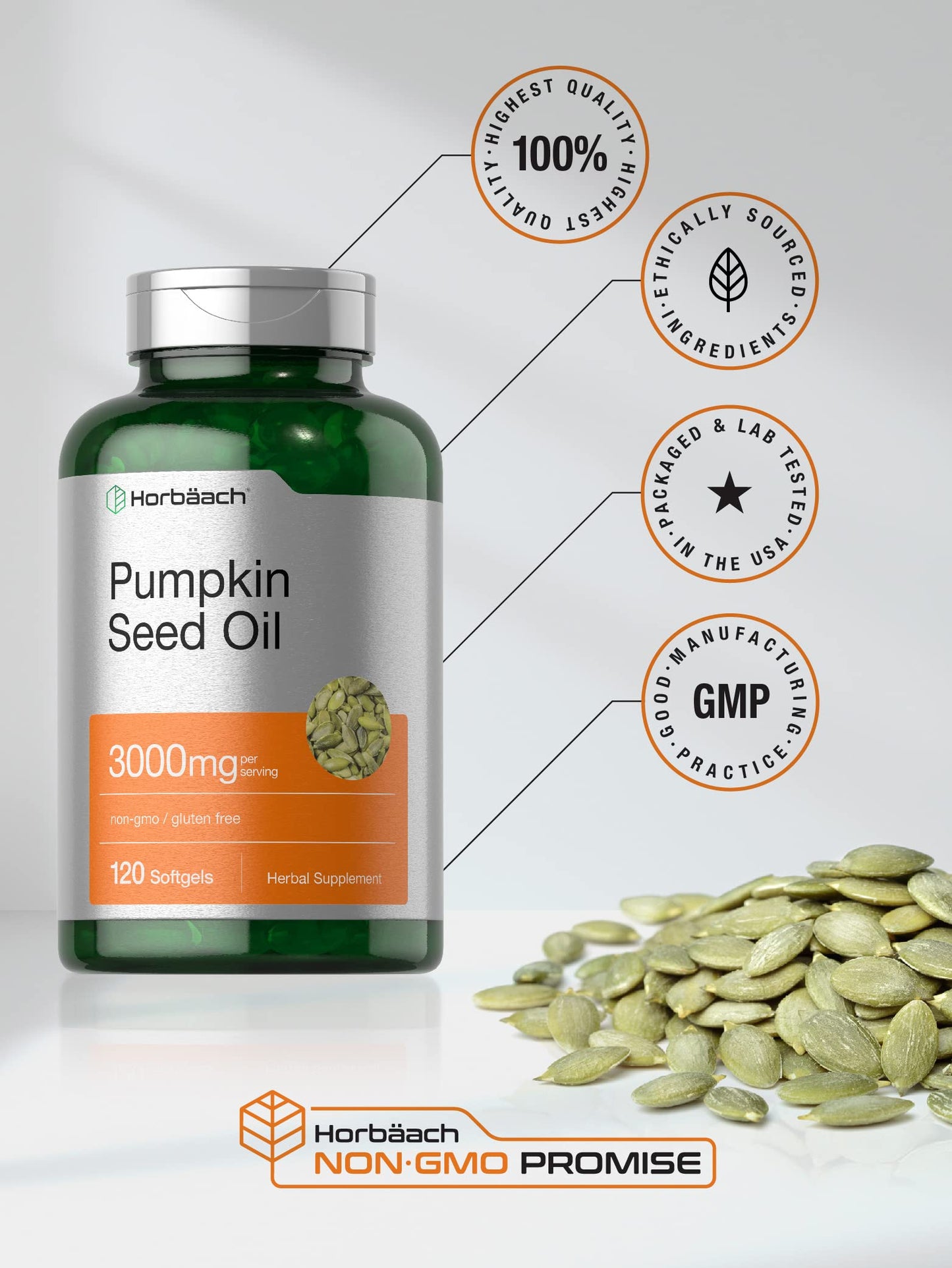 Horbäach Pumpkin Seed Oil | 3000mg | 120 Softgel Capsules | Cold Pressed Dietary Supplement | Non-GMO and Gluten Free Formula Horbäach