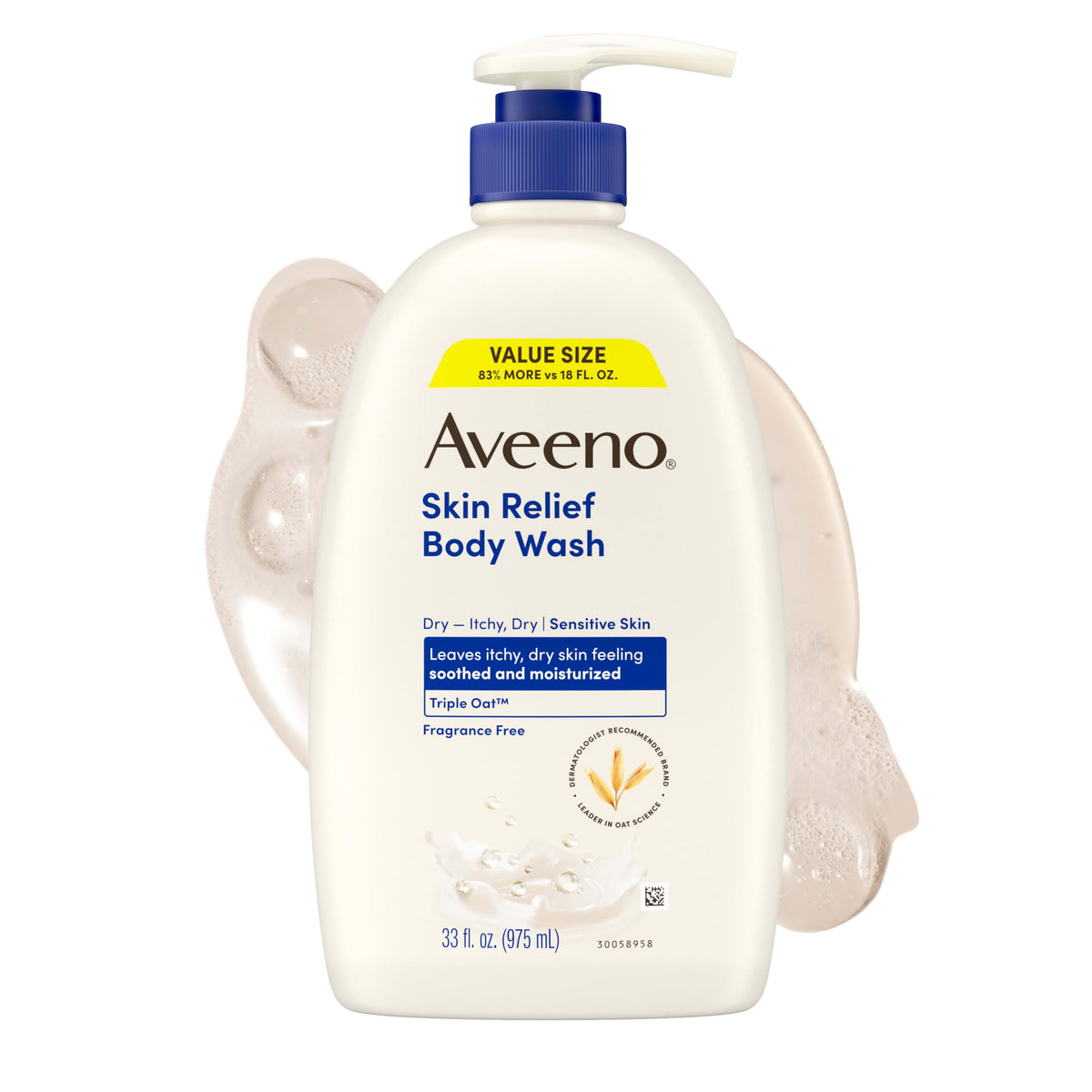 Aveeno Skin Relief Body Wash with Triple Oat Complex, Fragrance-Free, Gentle Daily Body Wash for Sensitive Skin Leaves Itchy, Dry Skin Feeling Soothed & Moisturized, Value Size 33 Fl Oz Aveeno