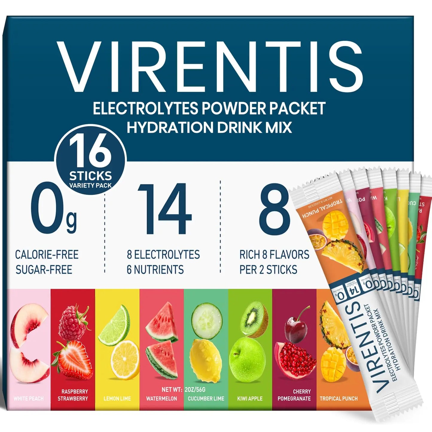 VIRENTIS 16 Sticks Electrolytes Powder Packets Sugar Free Hydration Packets, 8 Flavors Liquid Daily IV Electrolyte Drink Mix for Rehydration VIRENTIS