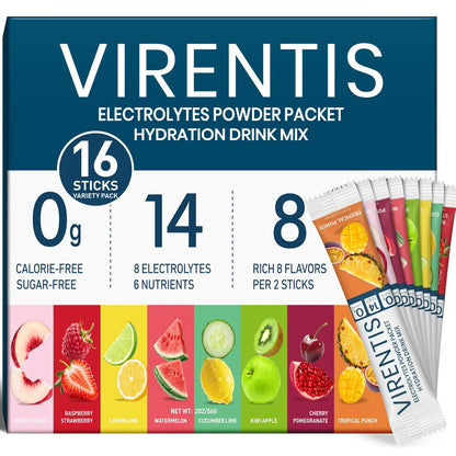 VIRENTIS 16 Sticks Electrolytes Powder Packets Sugar Free Hydration Packets, 8 Flavors Liquid Daily IV Electrolyte Drink Mix for Rehydration VIRENTIS