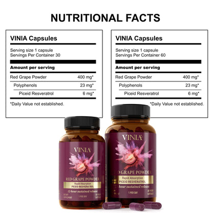 VINIA Piceid Resveratrol Supplement Capsules. Increases Blood Flow and Nitric Oxide. Blood Pressure and Heart Health Support VINIA