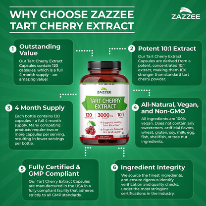 Zazzee Tart Cherry 10:1 Extract, 200 Vegan Capsules, 6+ Month Supply | Montmorency Cherry, Certified Kosher, Joint & Uric Acid Support, Antioxidant Support Formula, Non-GMO, Made in the USA Gsupps Australia