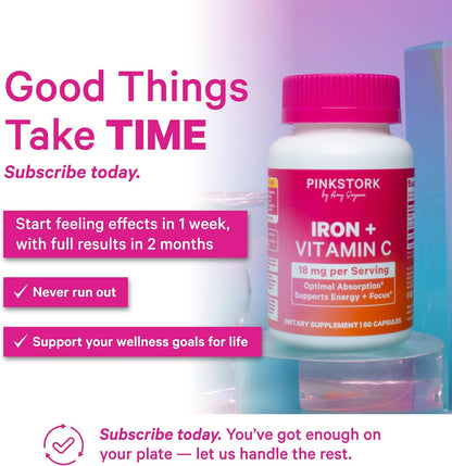Pink Stork Iron for Women with Vitamin C, 60 Capsules, 2-Month Supply | 18 mg Chelated Iron Bisglycinate + Vitamin C, Supports Energy, Focus + Oxygen, Pregnancy, Postpartum, PMS + Perimenopause
