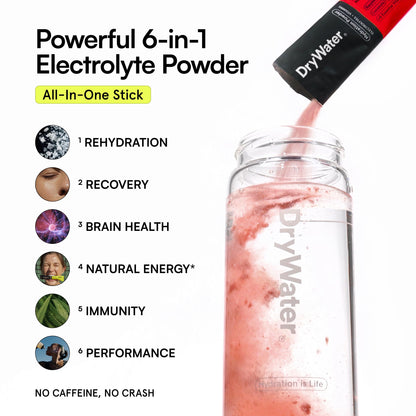 DryWater Electrolyte Powder Packets, Raspberry Lemon - Stevia-Free Hydration Packets Drink Mix with Zero Added Sugar for Rehydration & Energy - 6 Key Electrolytes DryWater
