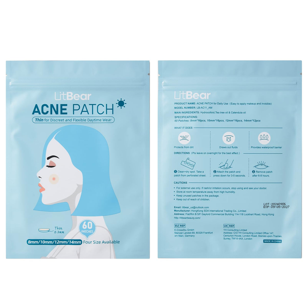 LitBear Acne Pimple Patches- Day and Night 4 Sizes 180 Dots Thin & Thick Hydrocolloid Patches with Witch Hazel, Tea Tree & Calendula Oil, Pimple Stickers for Covering Zits, Spots, Acne Dots LitBear